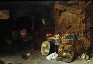 Barn interior with a still life of kitchen utensils and an owl, two men beside a fire beyond by David Ryckaert III