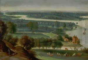 Extensive wooded river landscape, with a hunter on a path and a milkmaid