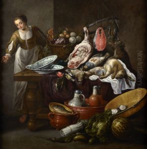 Large kitchen still life with a young woman by Adriaen van Utrecht