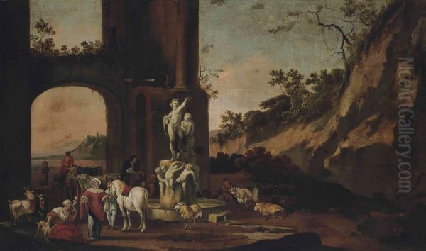 Rocky landscape with figures, horses, goats, bulls and sheep by a fountain - view 1
