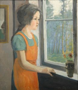 A young woman at a window. by Christian Aigens