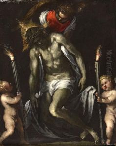 The Dead Christ Supported by an Angel with two putti each supporting a Cero by Palma il Giovane
