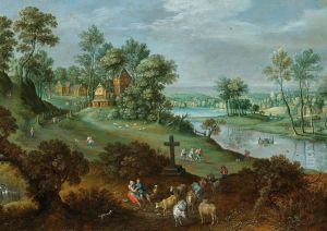 Wooded river landscape with peasants and cattle, a village beyond Wooded river landscape with peasants and cattle, a village beyond