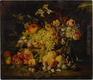 Still life of flowers and fruits, including pomegranates, peaches, and grapes