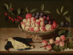 Still Life with a Basket of Peaches, Plums and Cherries together with a Blackbird and a Yellow Oriole on a Ledge by Abraham Gibbens