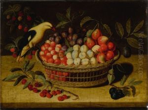 Still life with cherries, plums, raspberries and other fruits in a basket, with a yellow bird by Abraham Gibbens