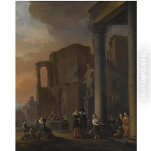Capriccio scene with classical ruins and figures selling fruit and vegetables in the foreground by Anton Goubau