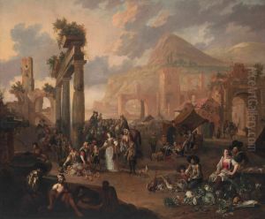 Italianate classical landscape with figures gathered around a stage and peasants at a market, mountains beyond by Anton Goubau