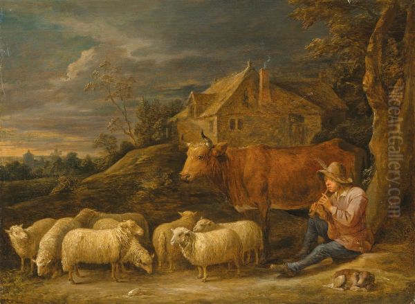 A shepherd playing the flute to his flock - view 1
