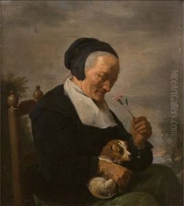 Old women smelling a carnation (Allegory of smell) by David Ryckaert III