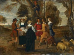 Landscape with dancing shepherds by Christoffel Jacobsz van der Laemen