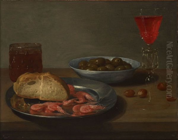 A plate with prawns and a roll, a bowl with olives, a facon de Venise, a glass of beer and almonds on a table - view 1