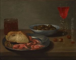 A plate with prawns and a roll, a bowl with olives, a facon de Venise, a glass of beer and almonds on a table