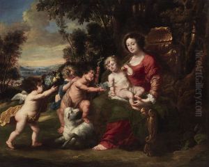 Virgin with child, the infant John the Baptist and putti by Jan Thomas van Ieperen