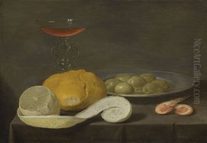 Stilleven van brood, wijnglas, citroen, schaaltje olijven en twee garnalen op een tafel by Jacob van Es