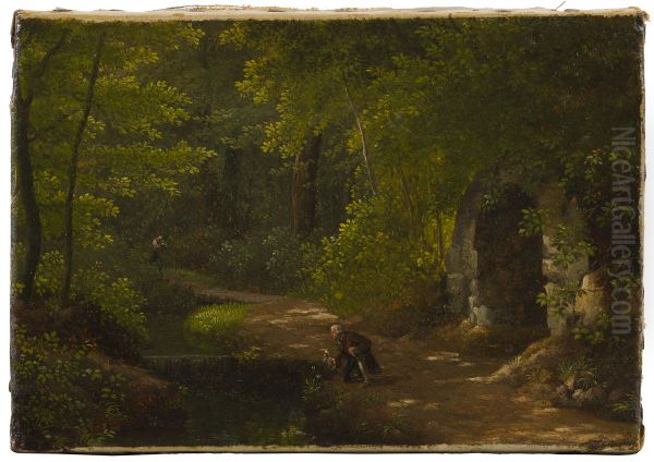 Jean-Jacques Rousseau plockar blommor vid den bubblande kallan nara grottan i den norra parken vid Ermenonville - view 1
