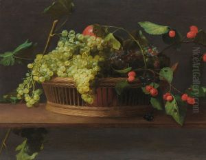A basket of grapes and raspberries on a ledge A basket of grapes and raspberries on a ledge