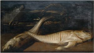 Fish and a basket of mussels on a table by Pieter van Bronckhorst