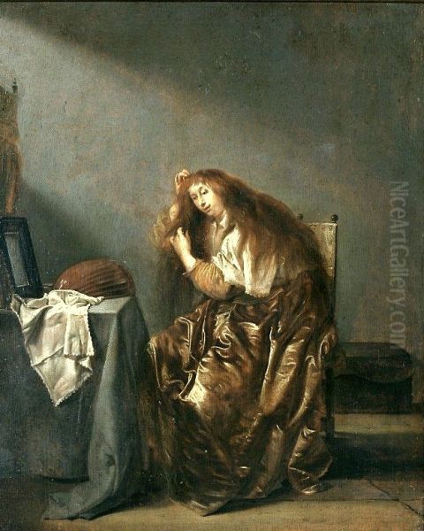 Woman combing her hair in front of a mirror. - view 1