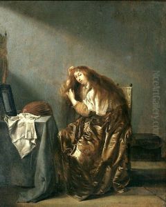 Woman combing her hair in front of a mirror. by Pieter Codde