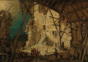 Peasants near a ruinous watchtower