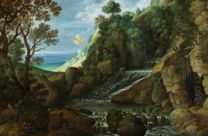 Rocky landscape with a waterfall by Marten Ryckaert