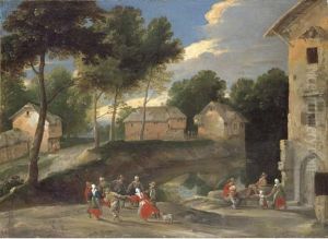 Village landscape with villagers dancing to the bagpipes