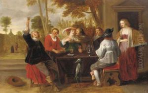 Elegant company at table on a terrace by Christoffel Jacobsz van der Laemen