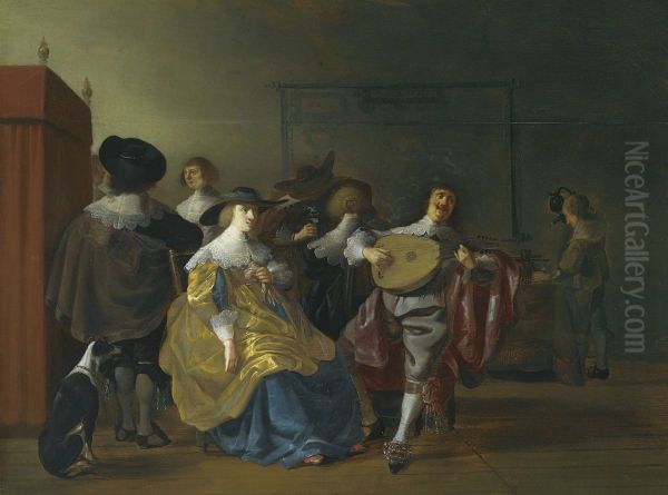 Elegant company in conversation playing games and drinking in an interior - view 1