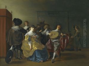 Elegant company in conversation playing games and drinking in an interior by Anthonie Palamedesz.