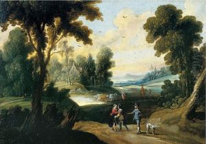 Landscape with travelers on a path and a herd of cows in the distance Landscape with travelers on a path and a herd of cows in the distance