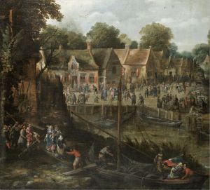 Village kermesse with elegant figures entering boats Village kermesse with elegant figures entering boats