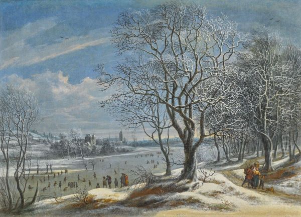 Winter landscape and skaters with figures on a path in a wood, a town (probably Antwerp) beyond - view 1