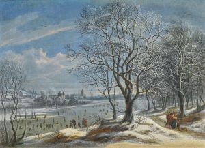 Winter landscape and skaters with figures on a path in a wood, a town (probably Antwerp) beyond by Daniel van Heil