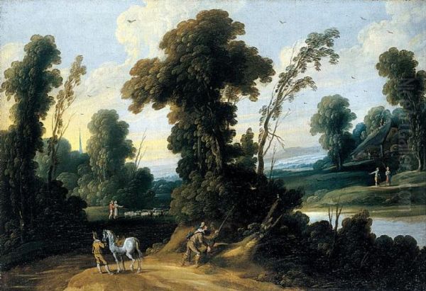 Landscape with travelers and a shepherd with his flock - view 1