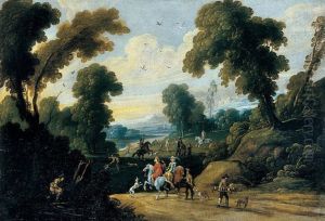 Landscape with hunters on a path Landscape with hunters on a path