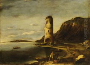 Coastal landscape with tower, boats and figures by Antonio Travi