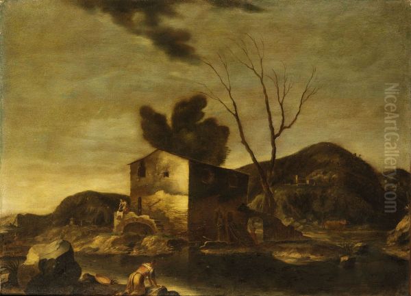 Bucolic landscape with washerwomen - view 1