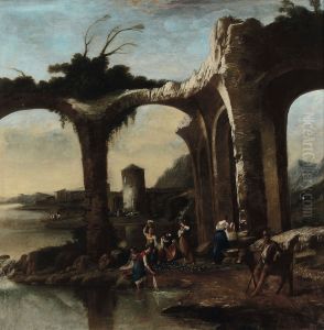 Landscape with ruins and washerwomen by Antonio Travi