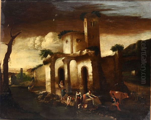 Landscape with ruins, washerwomen and a herder - view 1