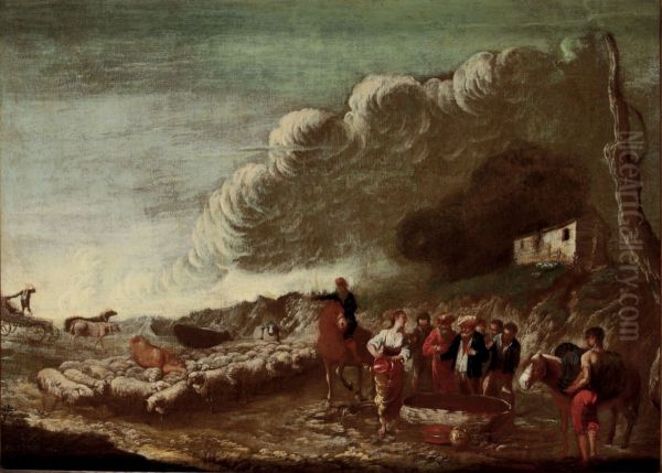 Landscape with shepherds and their flock with a gathering storm - view 1