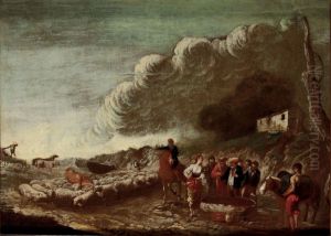 Landscape with shepherds and their flock with a gathering storm by Antonio Travi