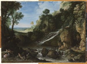 Berglandschap met saters en geiten bij een waterval