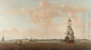 Entrance to a port with merchant ships and fishing boats by Bonaventura Peeters the Elder