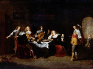 Elegant company in an interior by Christoffel Jacobsz van der Laemen
