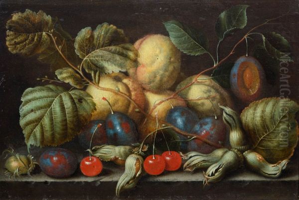 Still life with cherries, plums and peaches - view 1