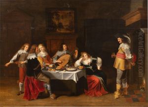 Elegant company in an interior making merry with music, food and drink by Christoffel Jacobsz van der Laemen