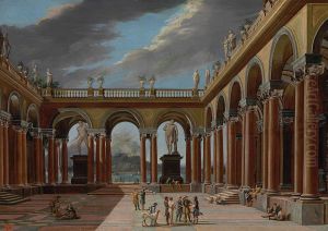Architectural capriccio of a loggia with elegantly-dressed figures by Viviano Codazzi
