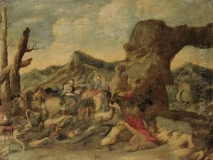 Shepherds with their flock in a landscape (small) by Antonio Travi