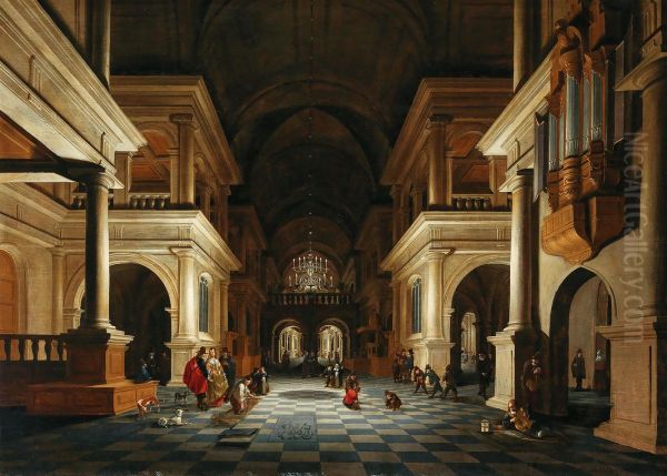 Church interior with elegant figures - view 1